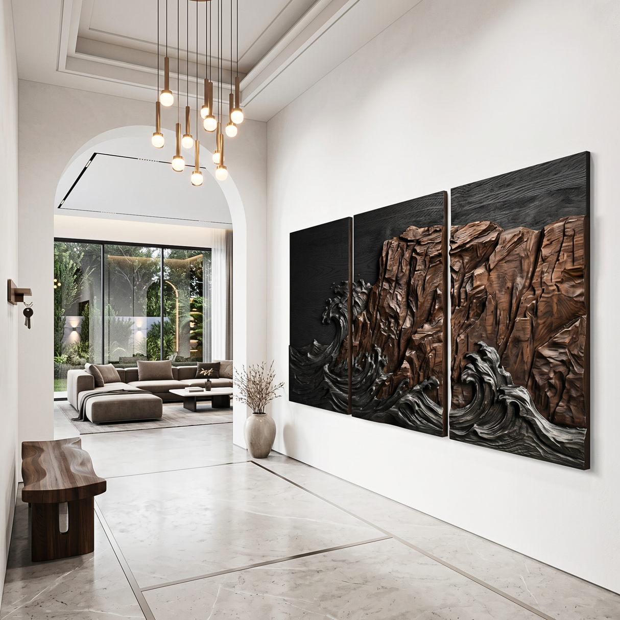 Carved Wood Ocean Cliff Triptych Wall Art