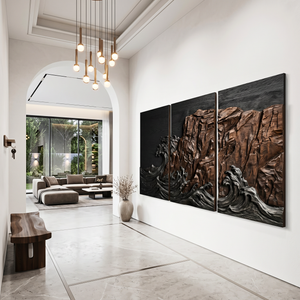 Carved Wood Ocean Cliff Triptych Wall Art