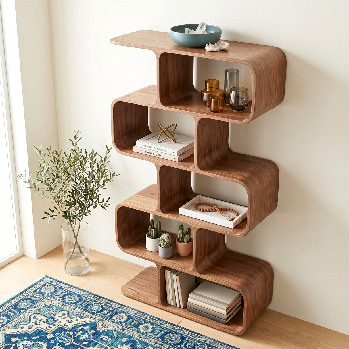 Organic Solid Wood Bookshelf with Staggered Rounded Compartments