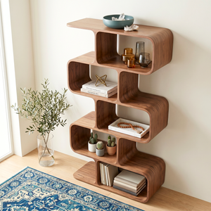 Organic Solid Wood Bookshelf with Staggered Rounded Compartments