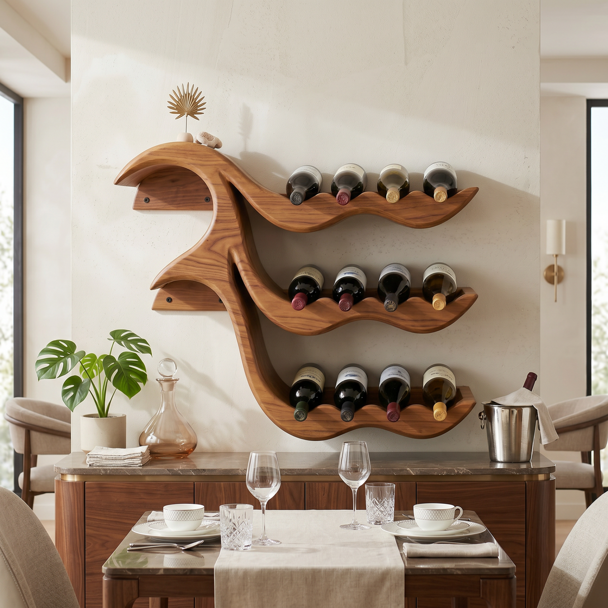 Wall-Mounted Solid Wood Wave Wine Bottle Rack