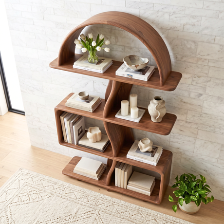 Organic Solid Wood Bookshelf with Arched Frame and Open Shelves