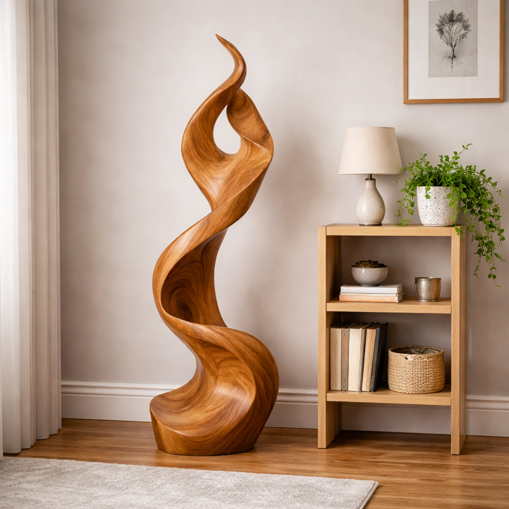 Outdoor Solid Wood Spiral Flame Sculpture for Gardens and Modern Landscapes