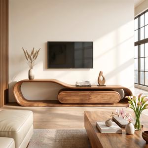 Flowing Organic Solid Wood TV Stand with Rounded Storage Drawers