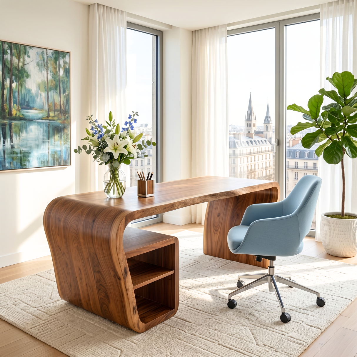 Organic Solid Wood Desk with Waterfall Side Shelf