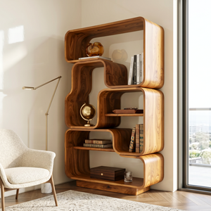 Organic Solid Wood Bookshelf with Stacked Rounded Compartments