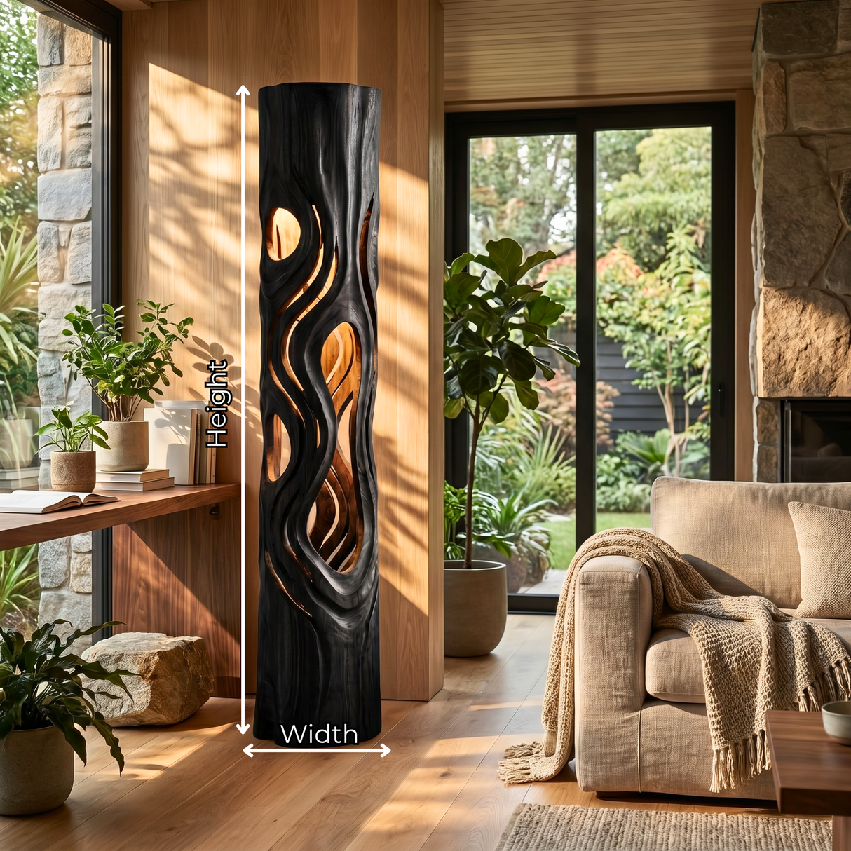 Handcrafted Wood Floor Lamp with Flowing Cutout Design and Soft Interior Glow