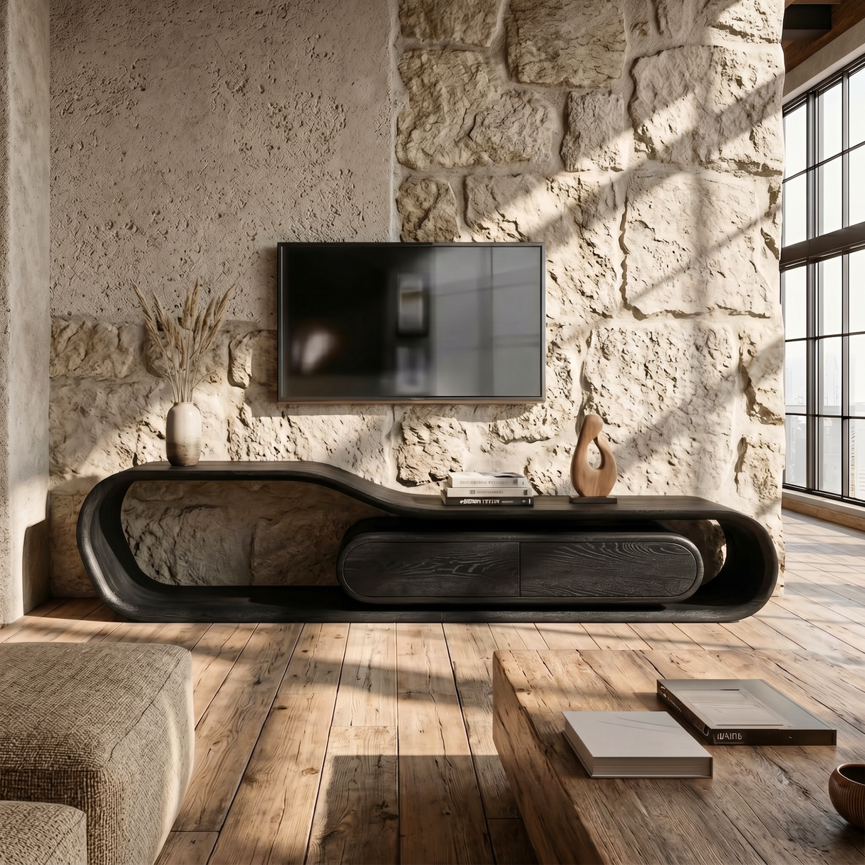 Flowing Organic Solid Wood TV Stand with Rounded Storage Drawers