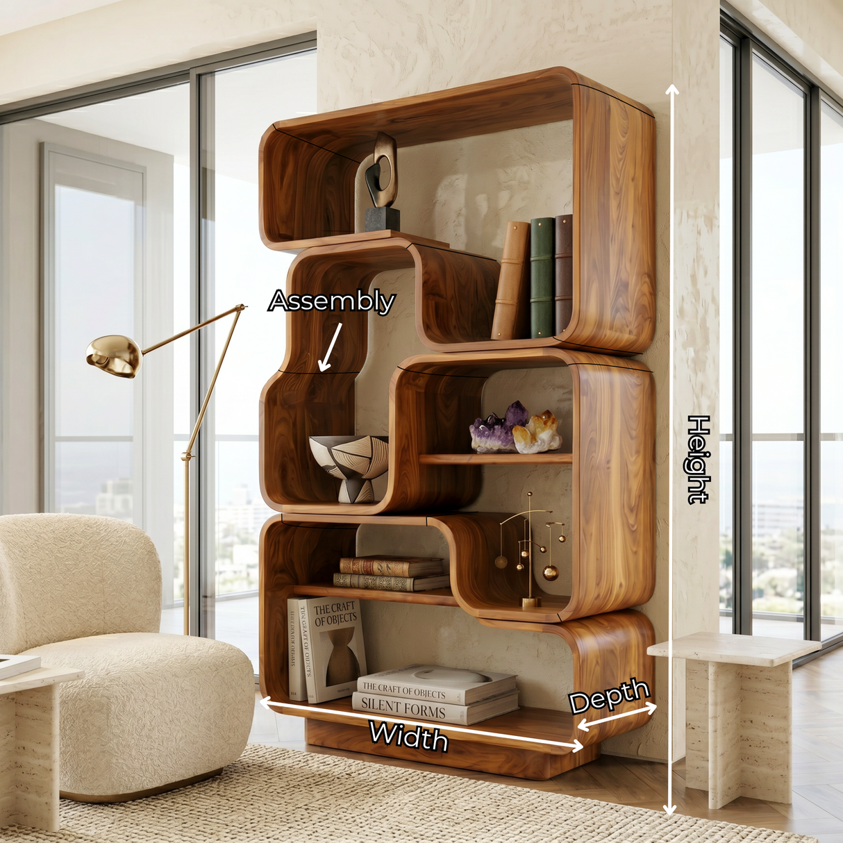 Organic Solid Wood Bookshelf with Stacked Rounded Compartments