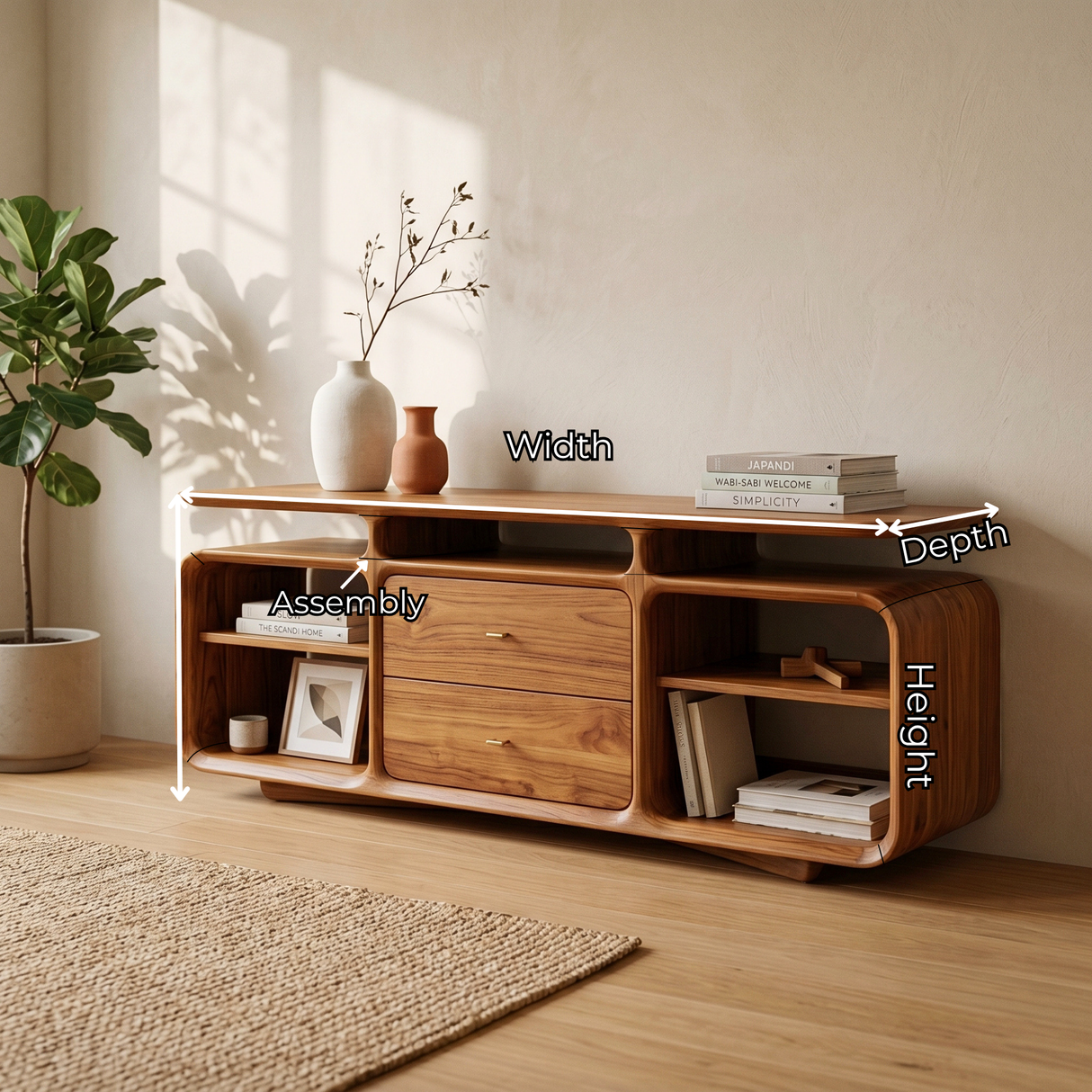 Solid Wood Low Sideboard Cabinet with Drawers and Open Storage Shelves