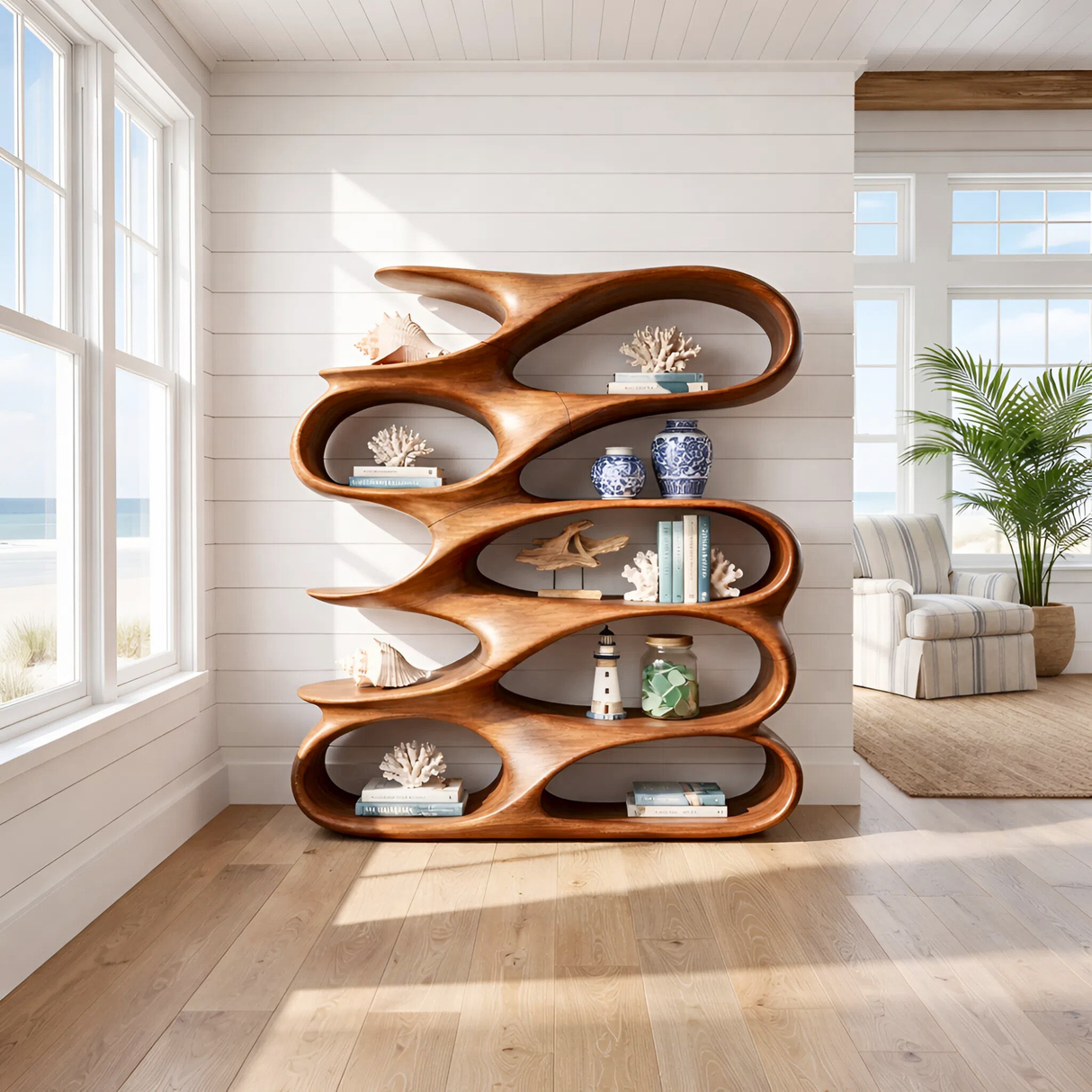 Abstract Loop Wood Display Shelf with Flowing Open Compartments