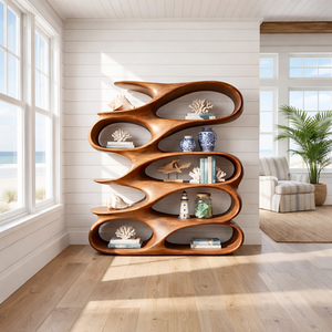Abstract Loop Wood Display Shelf with Flowing Open Compartments