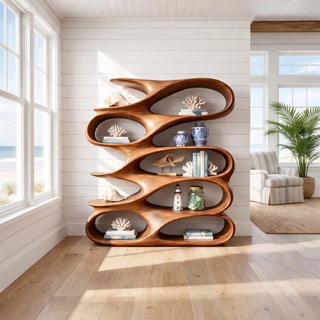 Abstract Loop Wood Display Shelf with Flowing Open Compartments