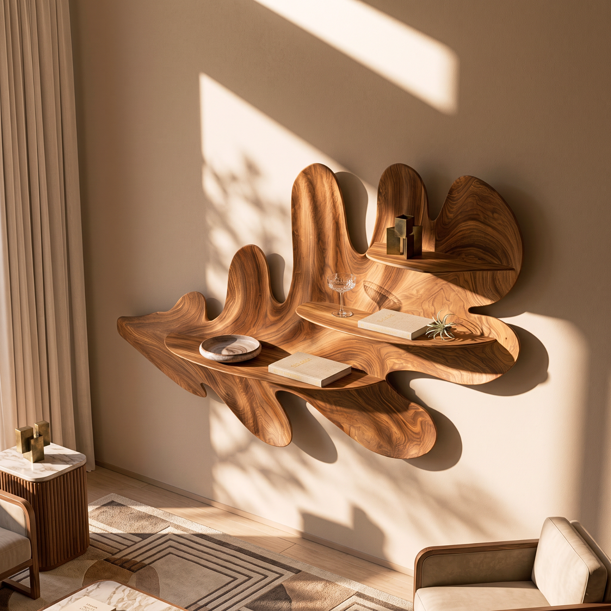 Organic Leaf Solid Wood Wall Shelf with Sculptural Floating Display Shelves