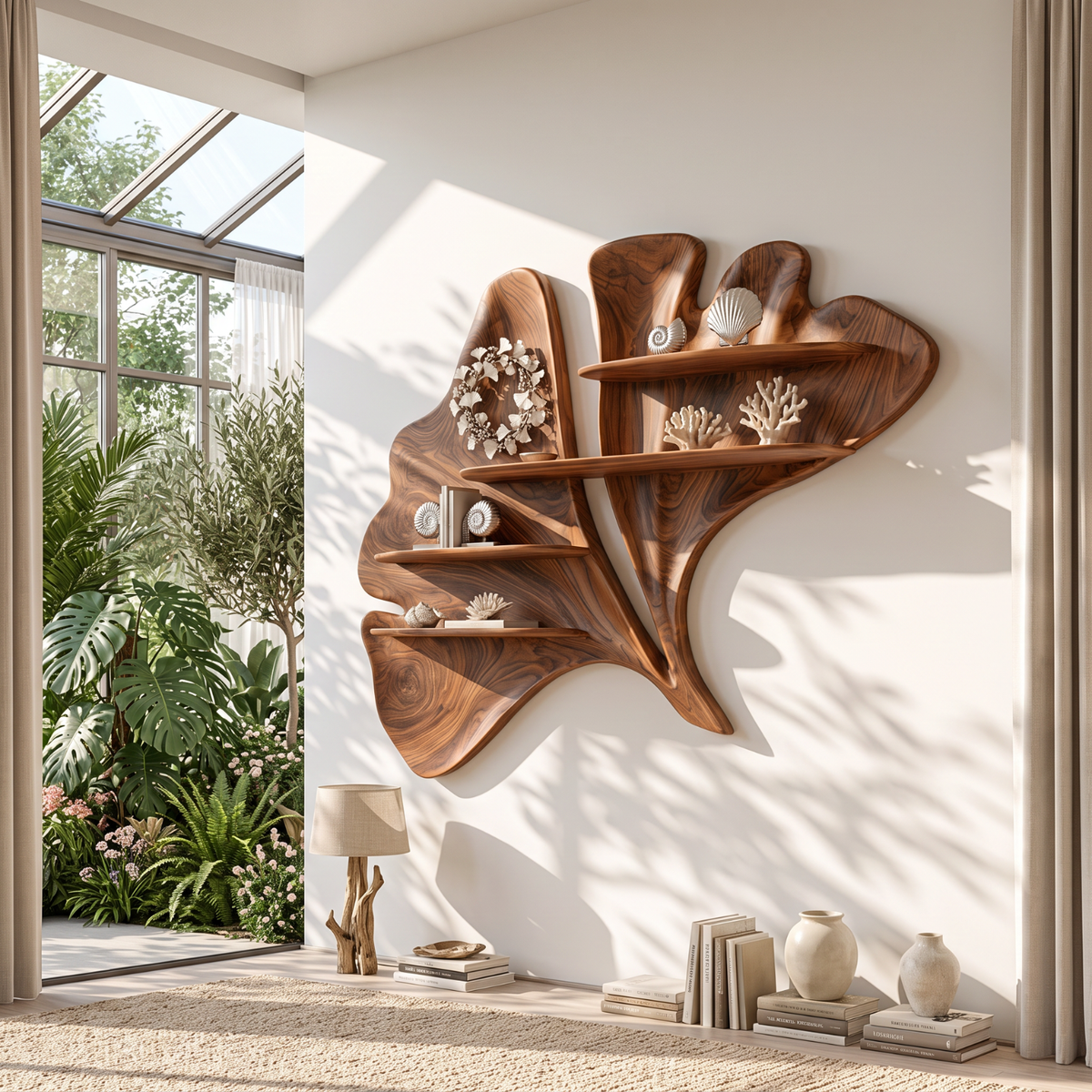 Sculptural Solid Wood Wall Shelf with Flowing Leaf Form and Floating Shelves