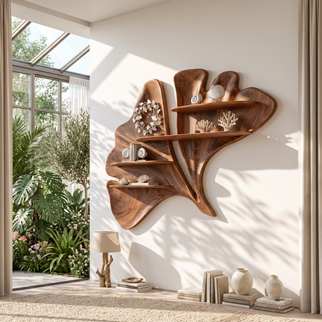 Sculptural Solid Wood Wall Shelf with Flowing Leaf Form and Floating Shelves