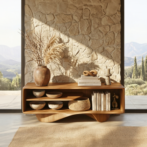 Gallery Style Solid Wood Media Console with Floating Wave Base, Minimalist TV Cabinet for Organic Modern Interiors