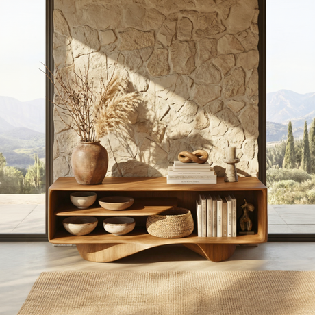 Gallery Style Solid Wood Media Console with Floating Wave Base, Minimalist TV Cabinet for Organic Modern Interiors