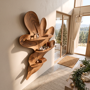 Organic Botanical Solid Wood Wall Shelf with Sculptural Leaf Display Shelves