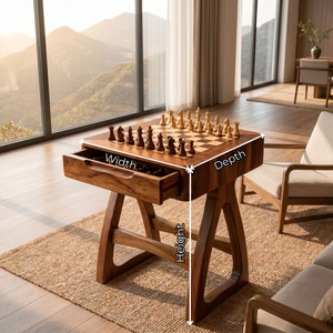 Handcrafted Solid Wood Chess Table with Storage Drawer and Sculptural Base