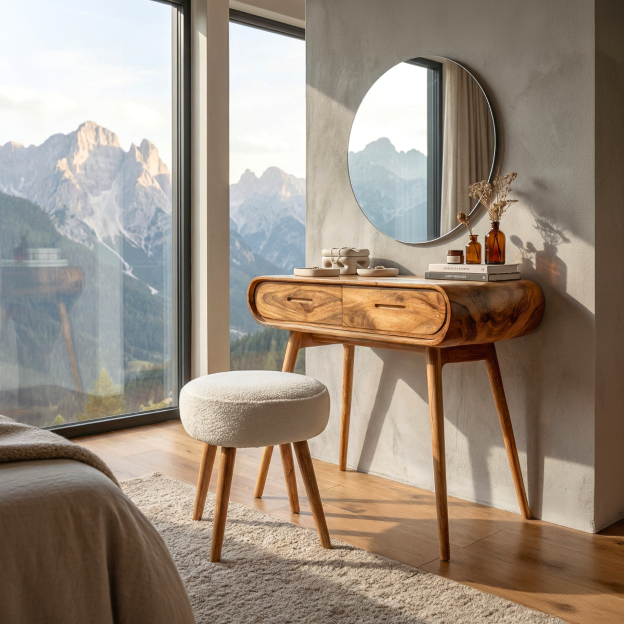 Curved Wood Vanity Table with Drawers, Mid Century Modern Dressing Table