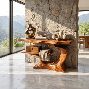 Sculptural Solid Wood Console Table with Open Shelf, Organic Modern Entryway Table