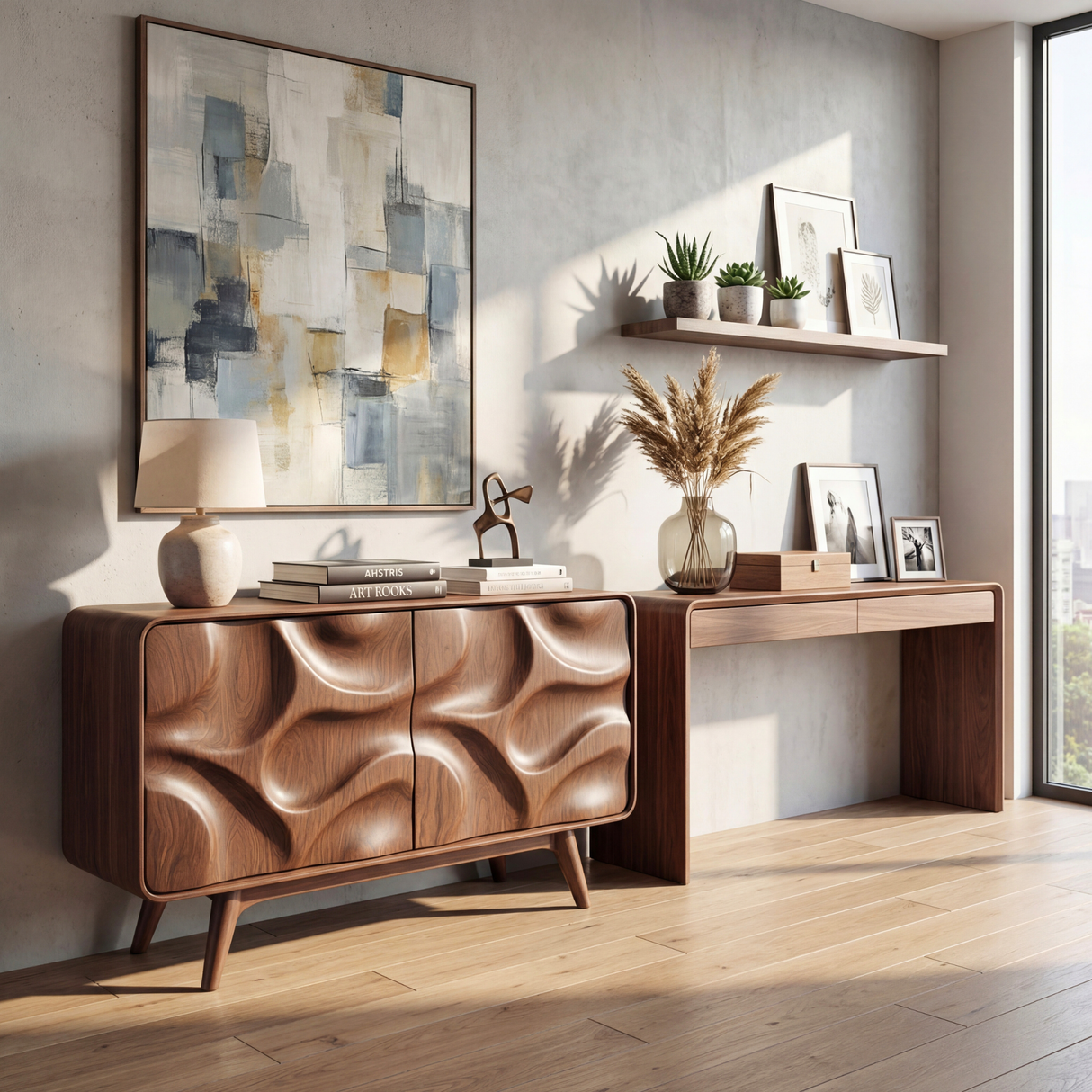 Sculpted Walnut Wood Sideboard Cabinet for Living Room or Dining Room