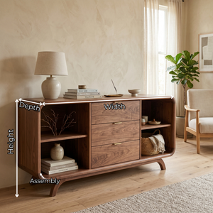 Handcrafted Solid Wood Sideboard with Three Drawers and Open Shelving