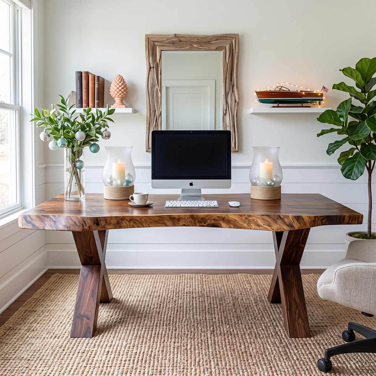 Live Edge Solid Wood Desk with Sculptural X Legs for Home Office