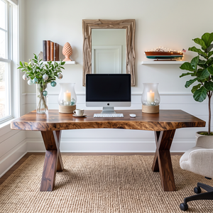 Live Edge Solid Wood Desk with Sculptural X Legs for Home Office