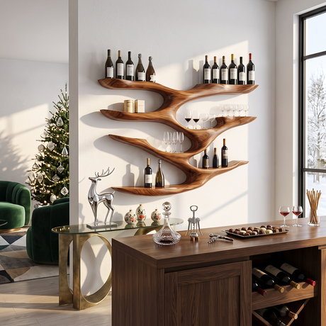 Interwoven Branch Solid Wood Wall Wine Rack for Wine Bottles and Glasses
