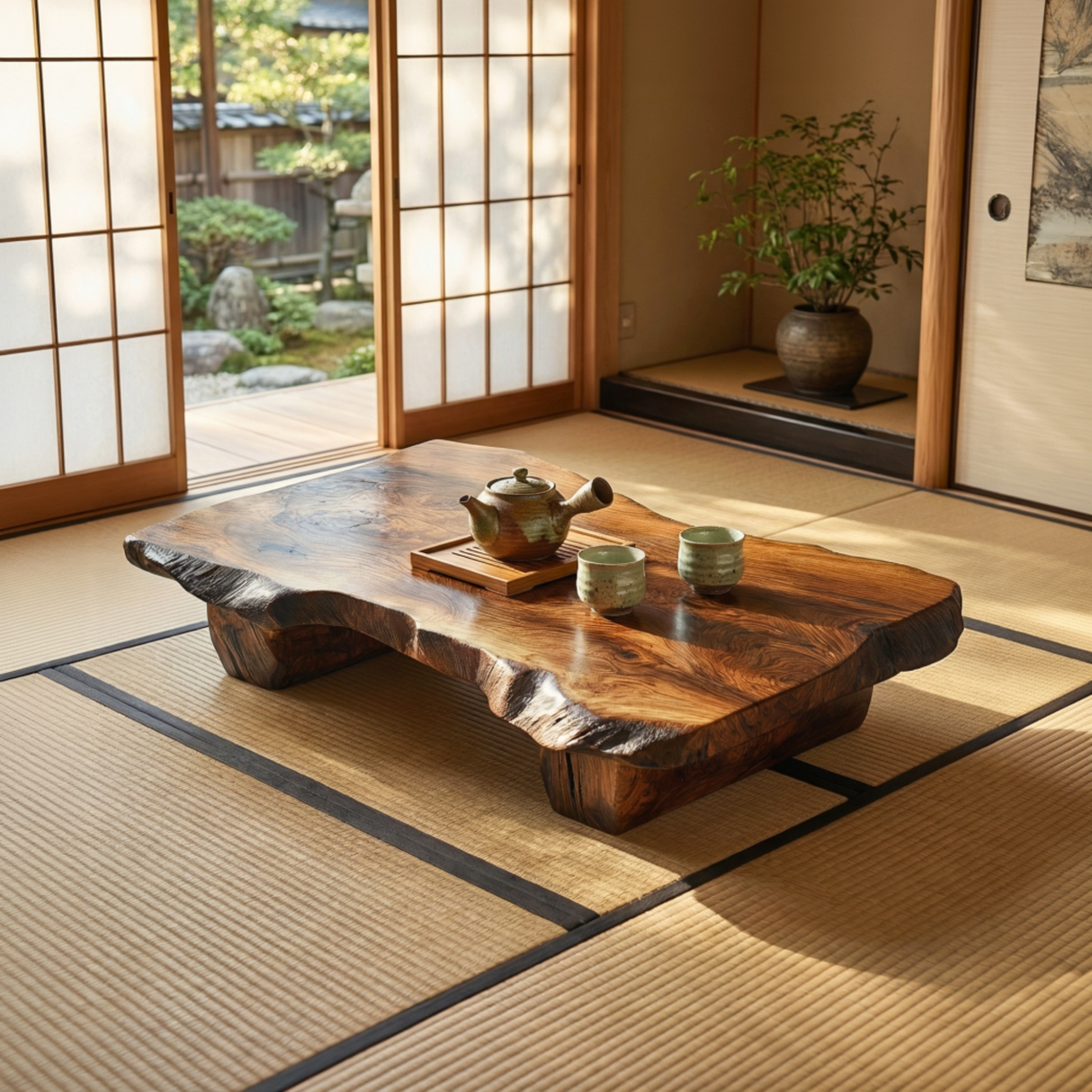 Solid Wood Live Edge Tea Table for Japandi Zen Interiors