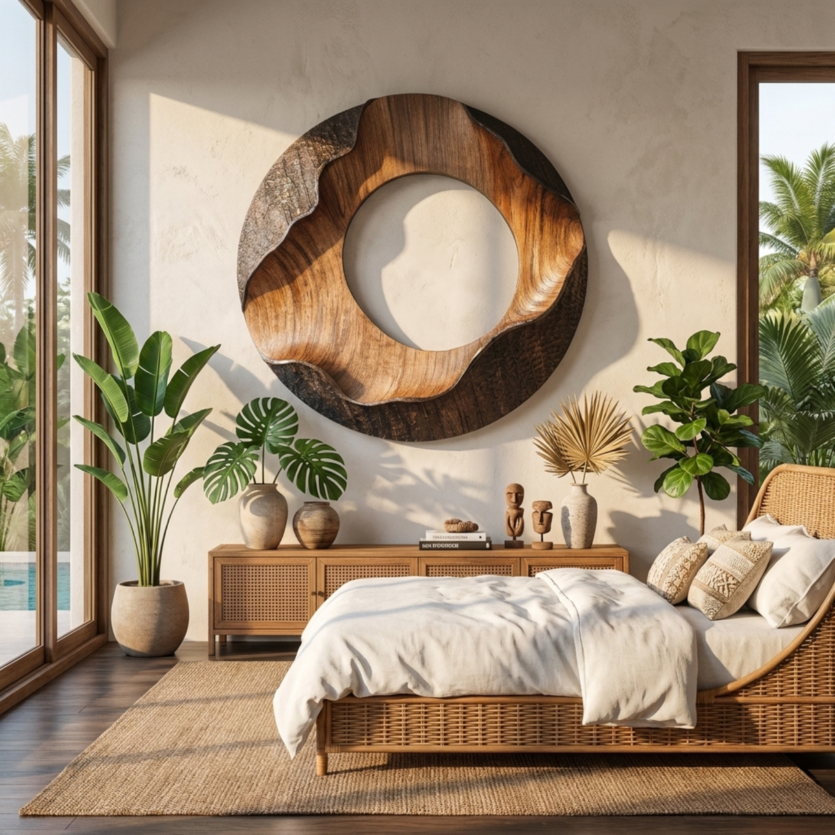 Solid Wood Circular Wall Sculpture with Flowing Organic Center