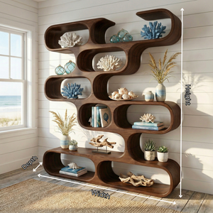 Handcrafted Solid Wood Organic Bookcase with Curved Open Display Shelves