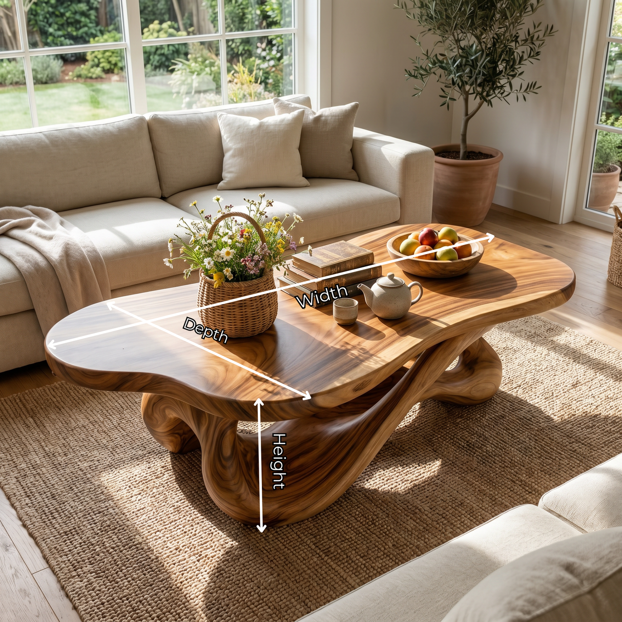 Handmade Solid Wood Coffee Table with Twisted Open Base and Smooth Rounded Top