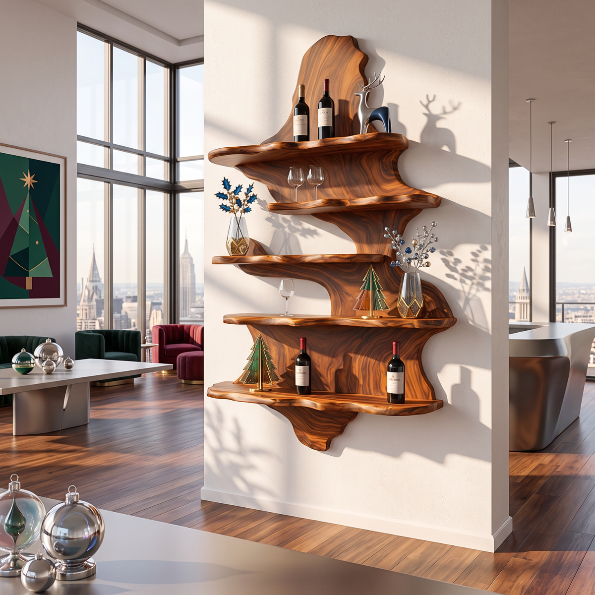 Sculptural Solid Wood Wine Rack with Tiered Floating Shelves