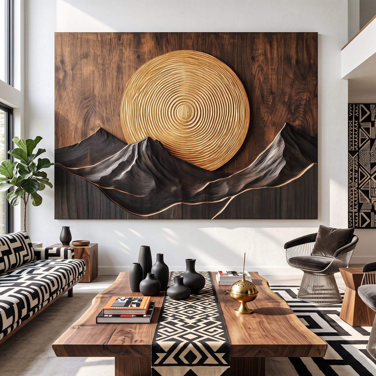Wall Sculpture Mountain Sunset with Golden Sun and Layered Peaks