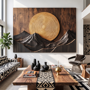 Wall Sculpture Mountain Sunset with Golden Sun and Layered Peaks