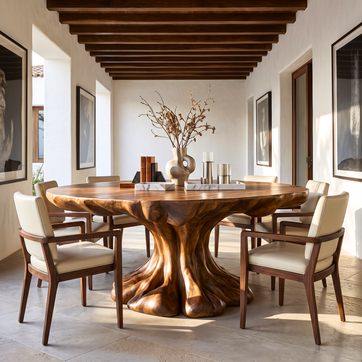 Dining Table with Flowing Pedestal Base and Organic Wood Top