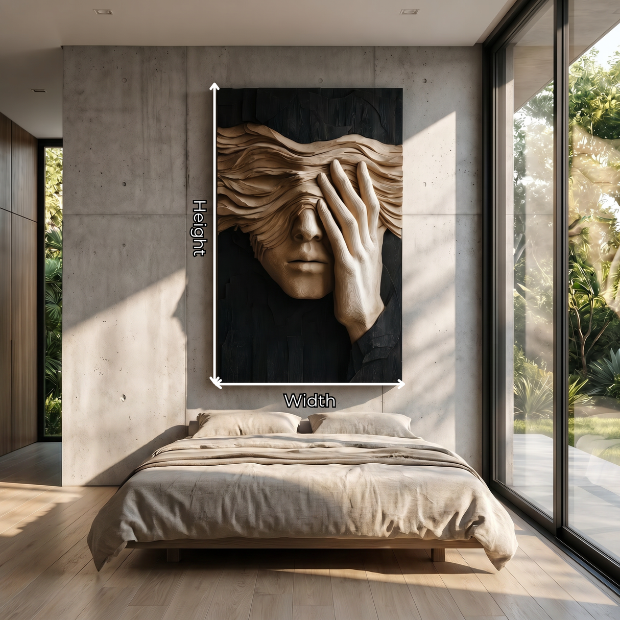 Silent Gaze Wood Wall Sculpture with Flowing Veil