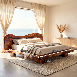 Handcrafted Solid Wood Platform Bed with Sculptural Headboard for Bedroom