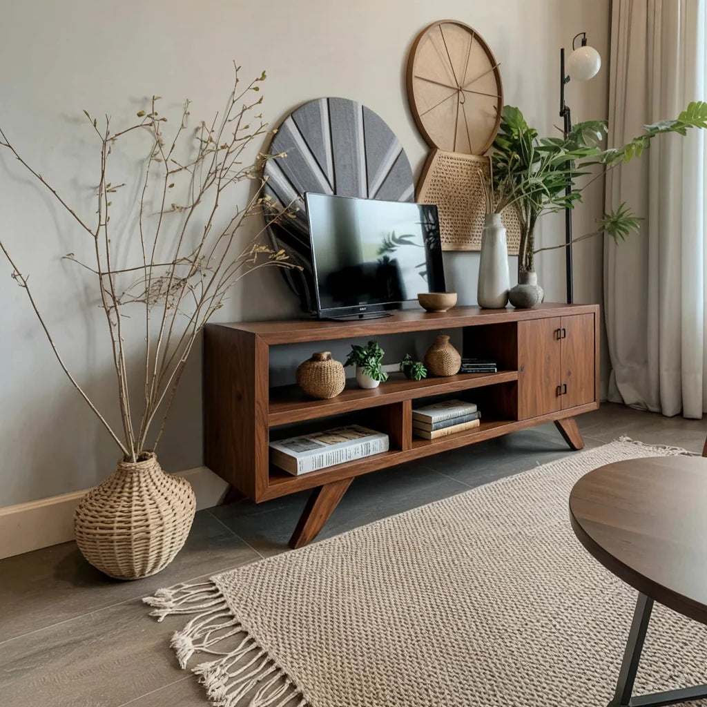 Solid Wood Media Console with Open Shelving and Minimalist Form