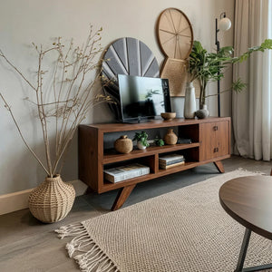 Solid Wood Media Console with Open Shelving and Minimalist Form