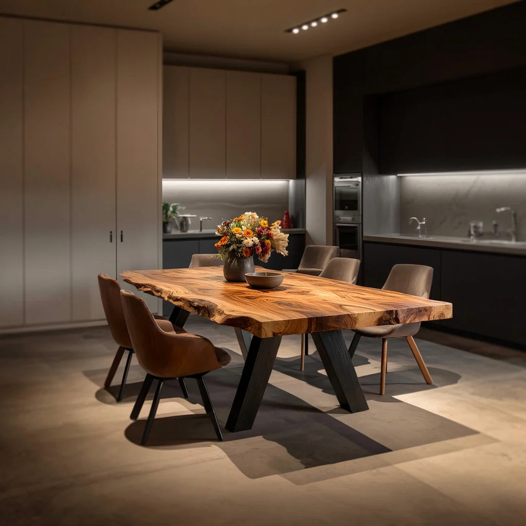 Live Edge Solid Wood Dining Table with Angled Base for Modern Interiors