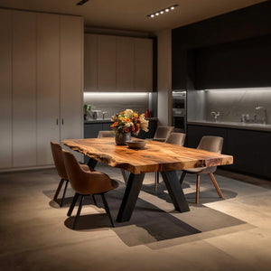 Live Edge Solid Wood Dining Table with Angled Base for Modern Interiors