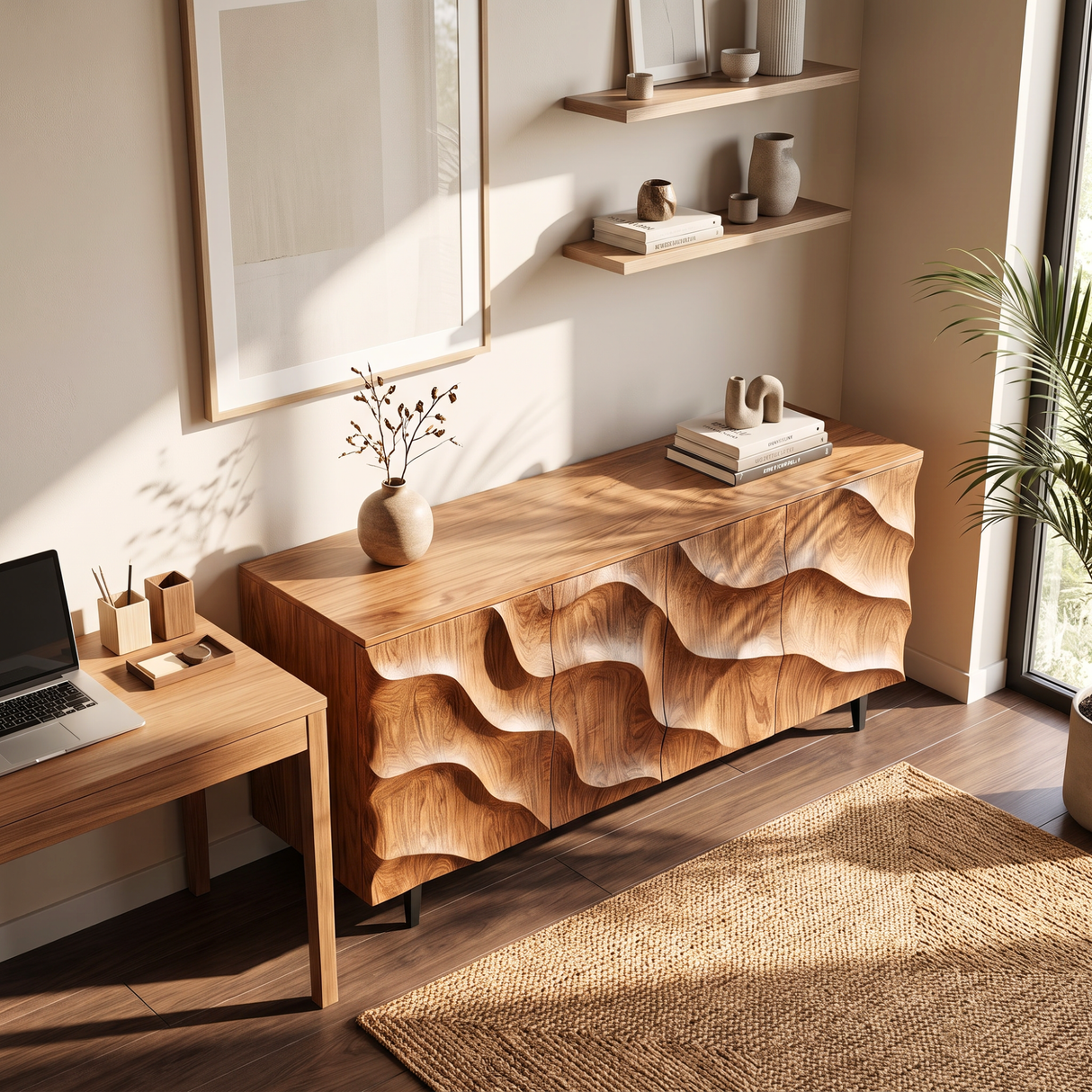 Sideboard Solid Wood with Sculptural Cascade Relief Doors for Living Room Decor