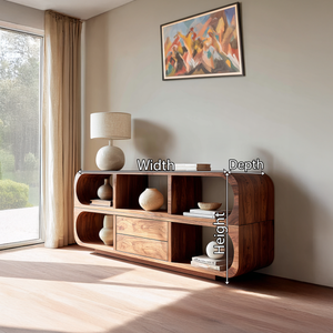 Japandi Solid Wood Sideboard with Curved Edges Modern Console Cabinet with Open Shelves and Drawer Storage for Living Room