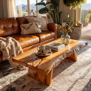 Live Edge Wood Coffee Table with Sculptural Block Base