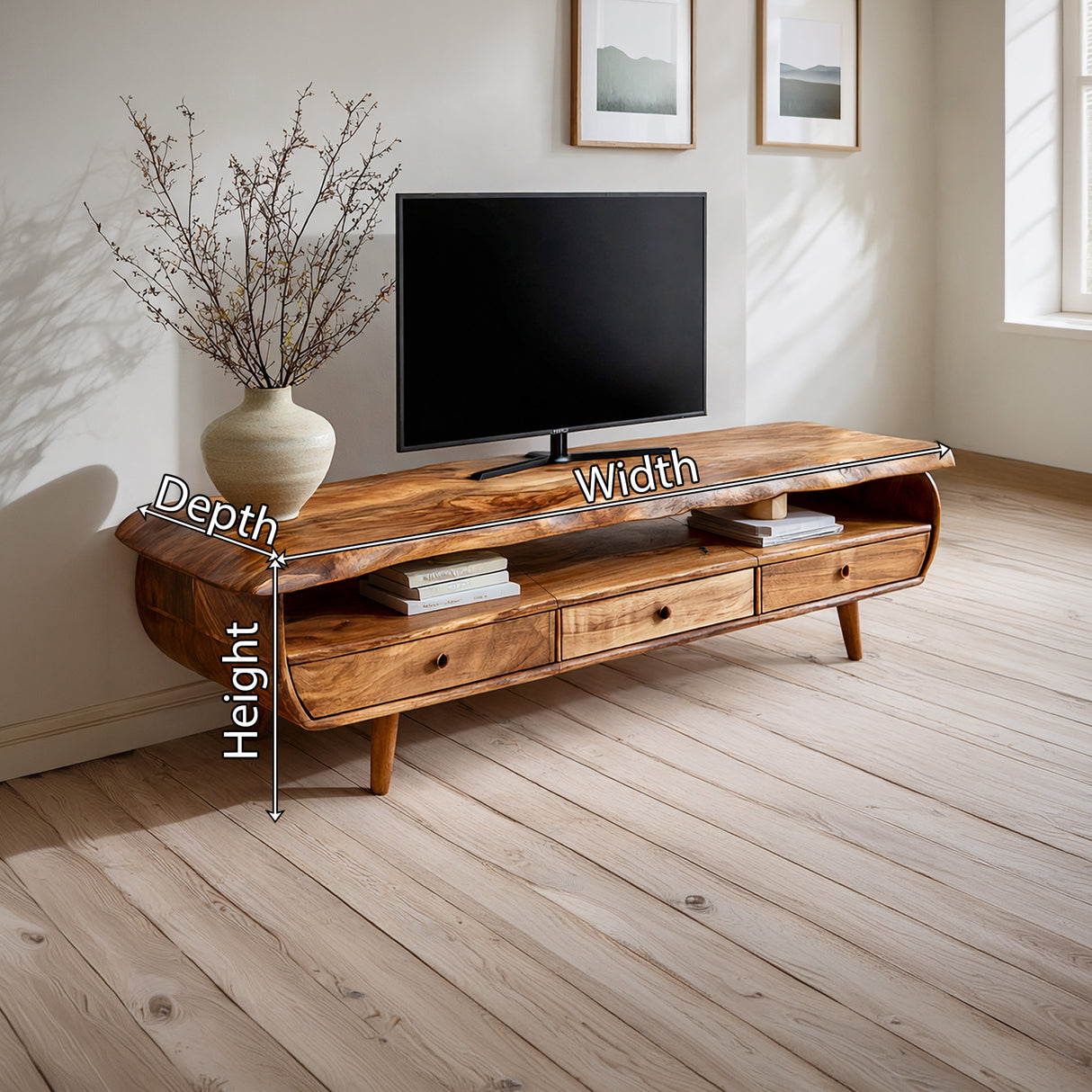 Live Edge Solid Wood TV Console with Sculpted Frame