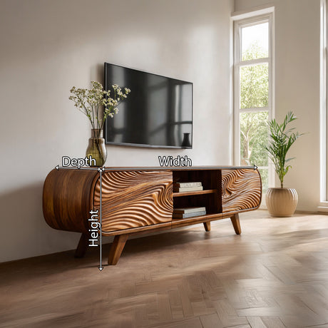 Handcrafted Solid Wood Media Cabinet with Sculpted Grain